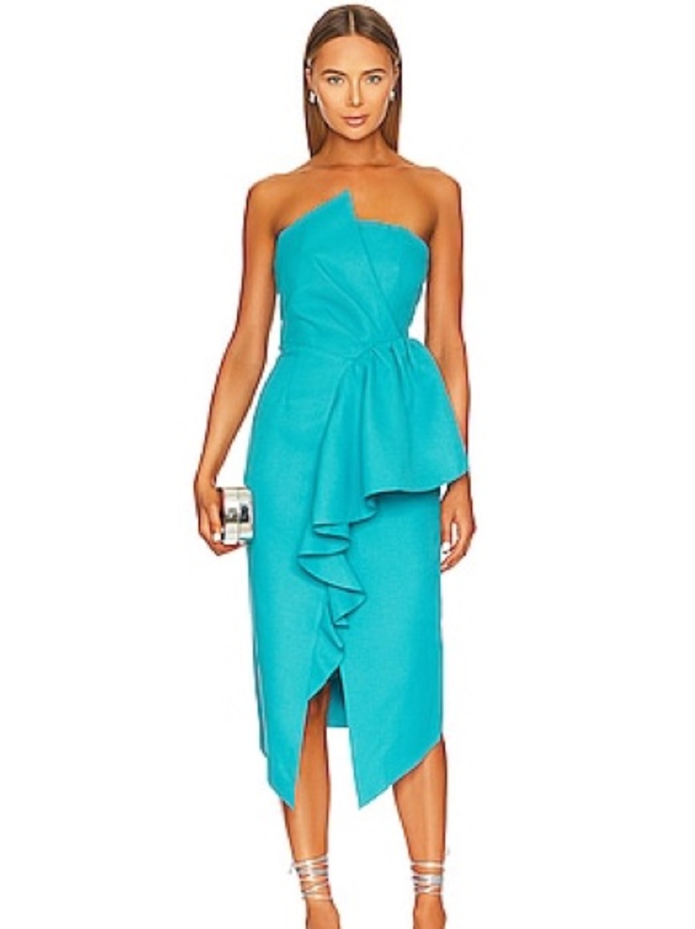 NWT Elliatt Sz L Reception Turquoie Blue Strapless Wedding Midi Dress